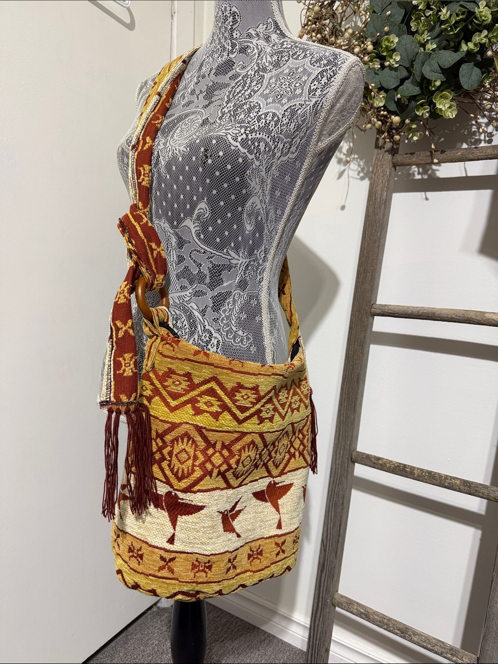 Handwoven Boho Crossbody Bag in Mustard and Rust
